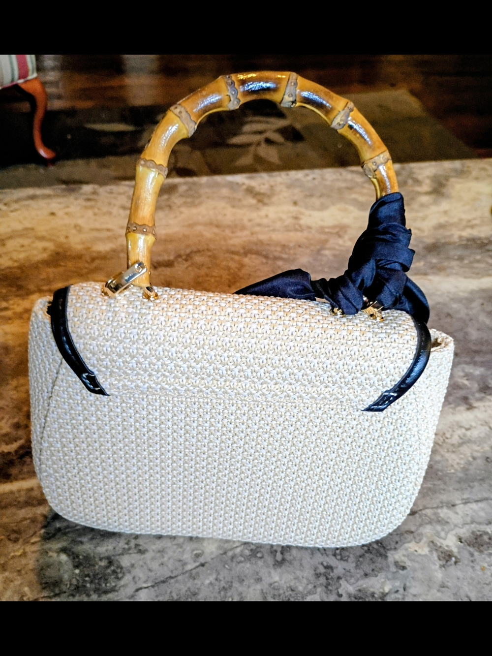 A new day woven Straw Top-Handle Bag with Bamboo Handle and Black Scarf 9x6x3 - Picture 3 of 4